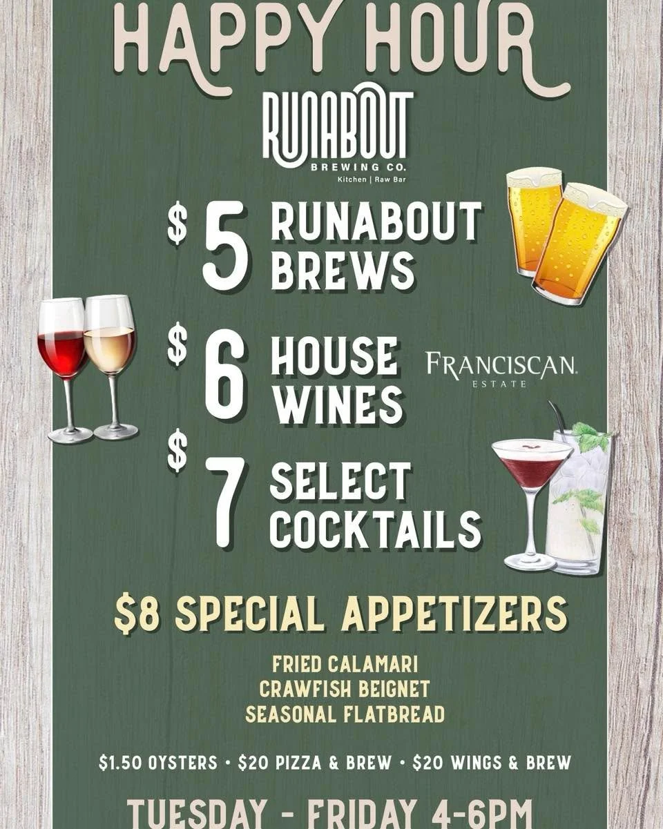 🍻 All New Happy Hour at Runabout 🍻
We kept it simple&hellip; and made it better 
5️⃣ $5 Runabout Brews
6️⃣ $6 House Wines
7️⃣ $7 Select Cocktails

Plus&hellip; don&rsquo;t sleep on the bites 👀
🔥 $8 Special Appetizers
🦪 $1.50 Oysters
🍕🍗 $20 Piz