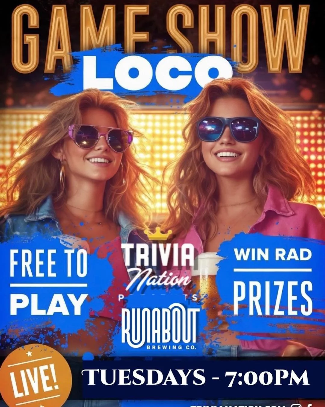 🎉 Loco Tuesdays are here! 🎉
Join us tonight for Game Show Loco with Trivia Nation at 7pm! 🧠🏆

Before the fun starts, enjoy our 5&bull;6&bull;7 Happy Hour from 4-6pm:

🍺 $5 Brews
🍷 $6 Wines
🍸 $7 Cocktails
🍴 $8 Appetizers

Grab your crew, grab 