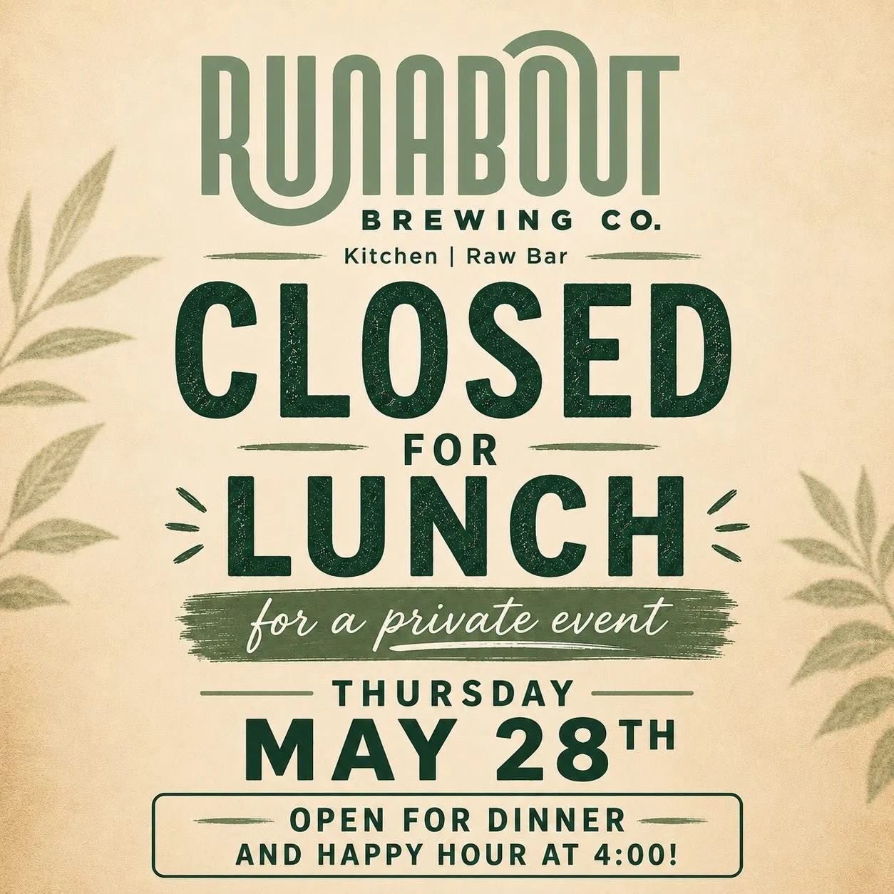 We&rsquo;re closing for lunch this Thursday for a private event. Re-opening at 4:00. Join us for dinner, drinks and trivia!