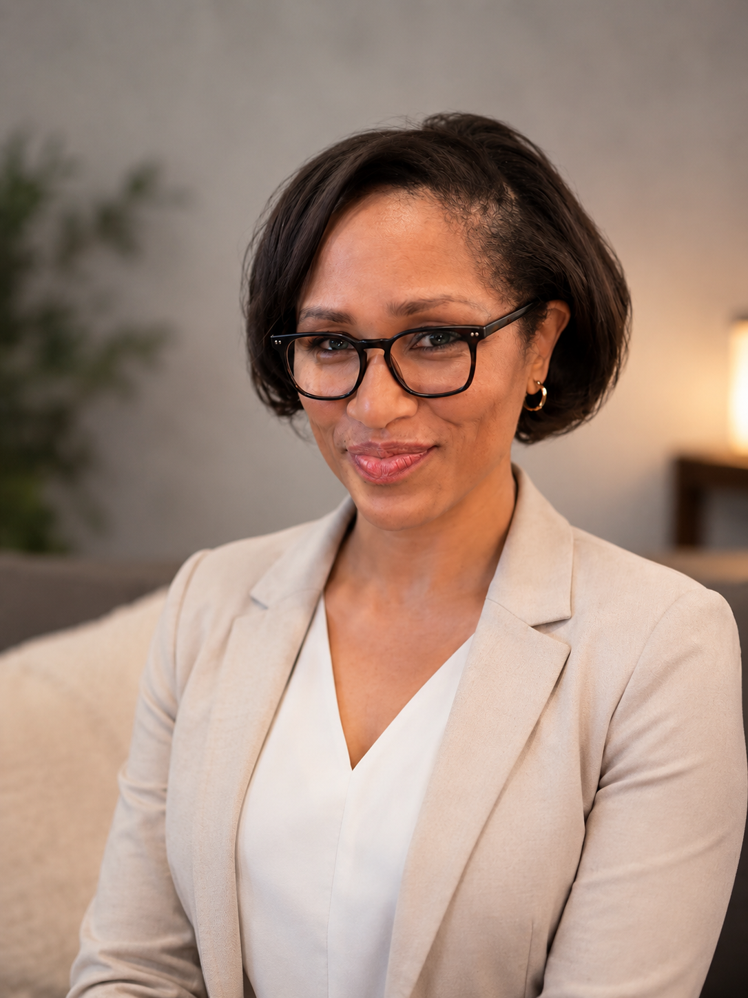 A woman with short dark hair, glasses, and earrings, wearing a beige blazer and white blouse, sitting on a beige couch in a living room.