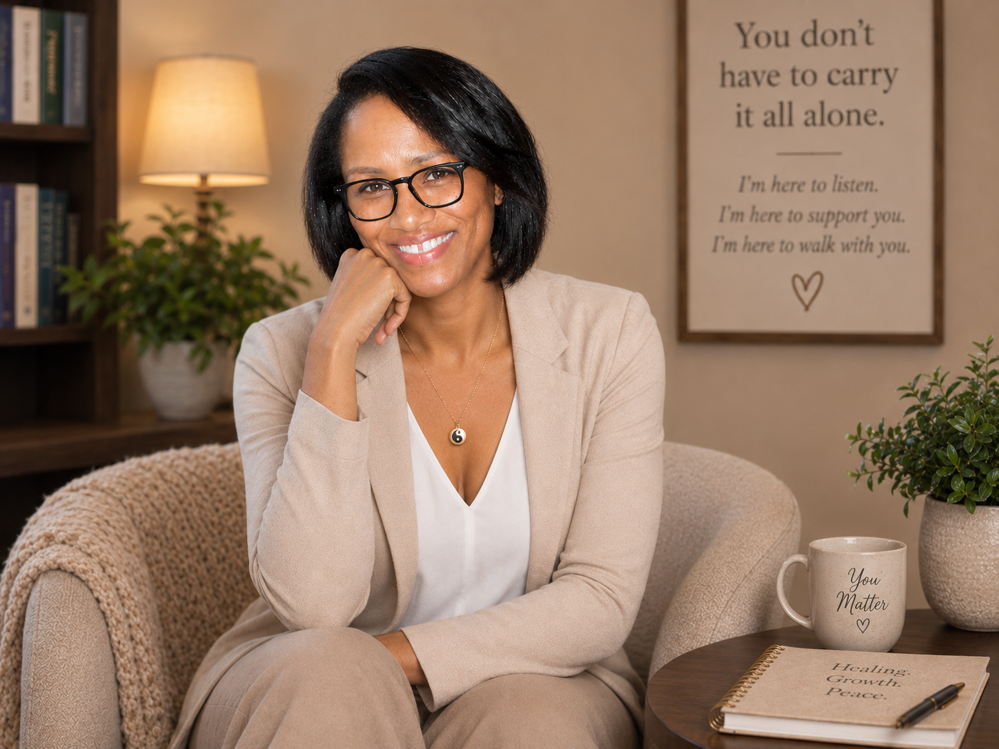 A smiling woman with black hair, glasses, and a beige blazer sitting on a beige armchair in a cozy room. She is resting her chin on her hand and wearing a necklace with a yin-yang pendant. There is a wooden side table next to her with a book titled 'Healing. Growth. Peace.' and a mug that says 'You Matter' with a heart drawing. Behind her is a bookshelf, a lit lamp, houseplants, and a framed sign that reads 'You don't have to carry it all alone. I'm here to listen. I'm here to support you. I'm here to walk with you.'.