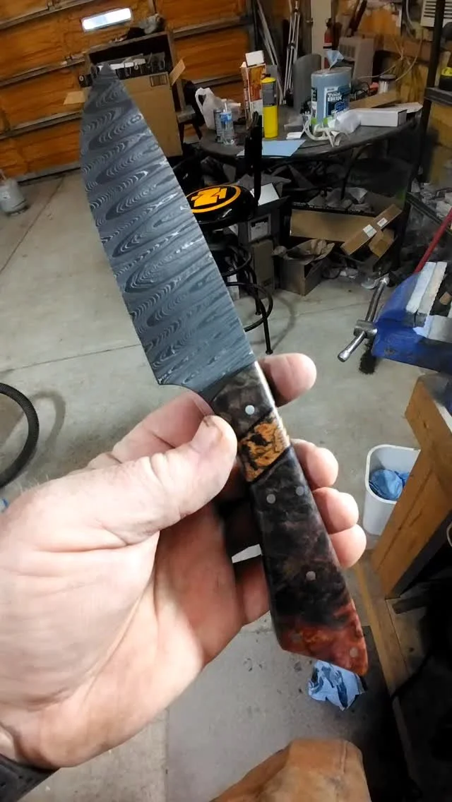 416 layer Damascus, dyed and stabilized maple burl, thinking the spacer is salted sycamore.
Available soon at www.redbeardshootingsolutions.com
#knife #knifemaker #knives #custommade #customknife #custom #damascus #damascusknife #handmade #handle #x