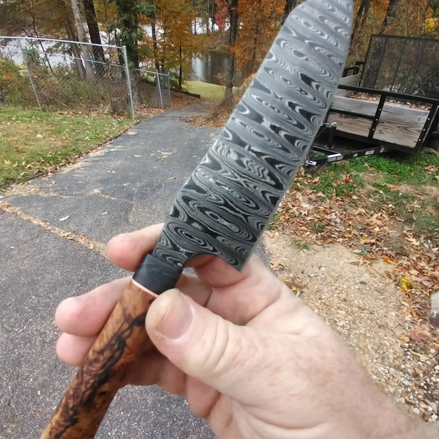 Had some really nice cherry that I had stabilized and decided to use for a saya, aka sheath, for this. Same marbled carbon fiber for both the guard and the retention pin.

#knife #custom #handle #handmade #steel #damascus #wood #stabilized #carbonfib