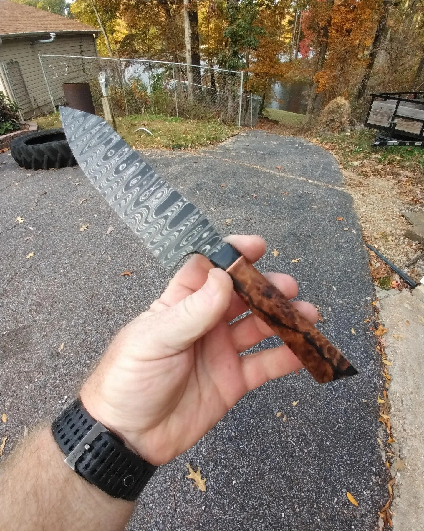 Damascus chef is live at www.redbeardshootingsolutions.com. It is 10.25 OAL, with a 5.5in blade, suitable for smaller hands, or a pinch grip with average to larger hands. Handle is stabilized poplar burl, a copper spacer and marbled carbon fiber bols