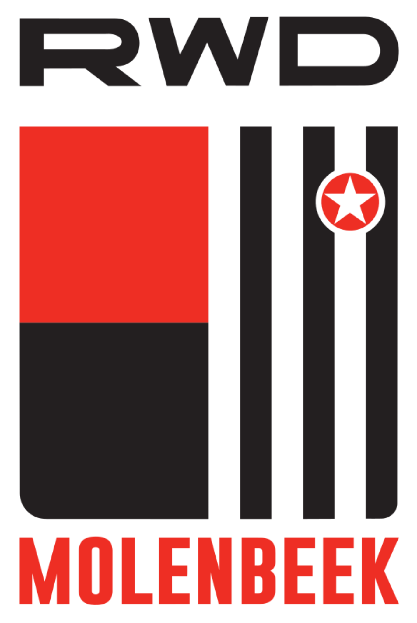 Logo of RWD Molenbeek featuring black, red, and white colors with a stylized flag design and a red star within a white circle.