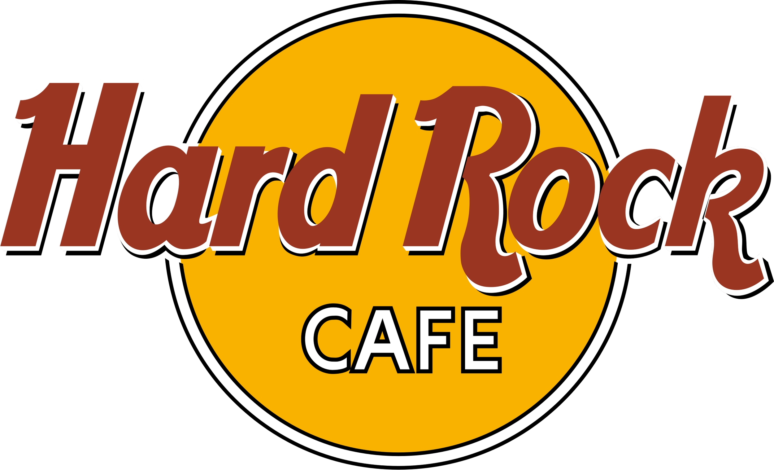 Hard Rock Cafe logo with yellow circle background and stylized brown text.