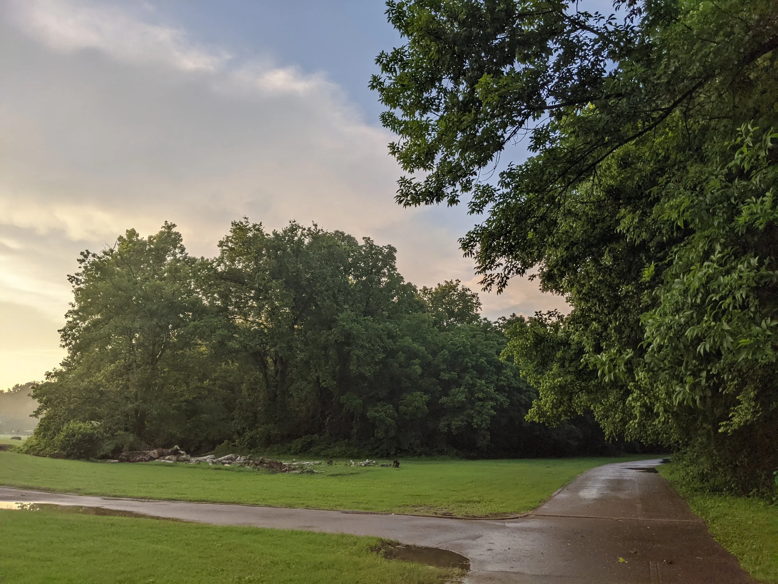 Indian Creek Greenway during summertime. Green grass and trees line a walkway with a summer sky.
