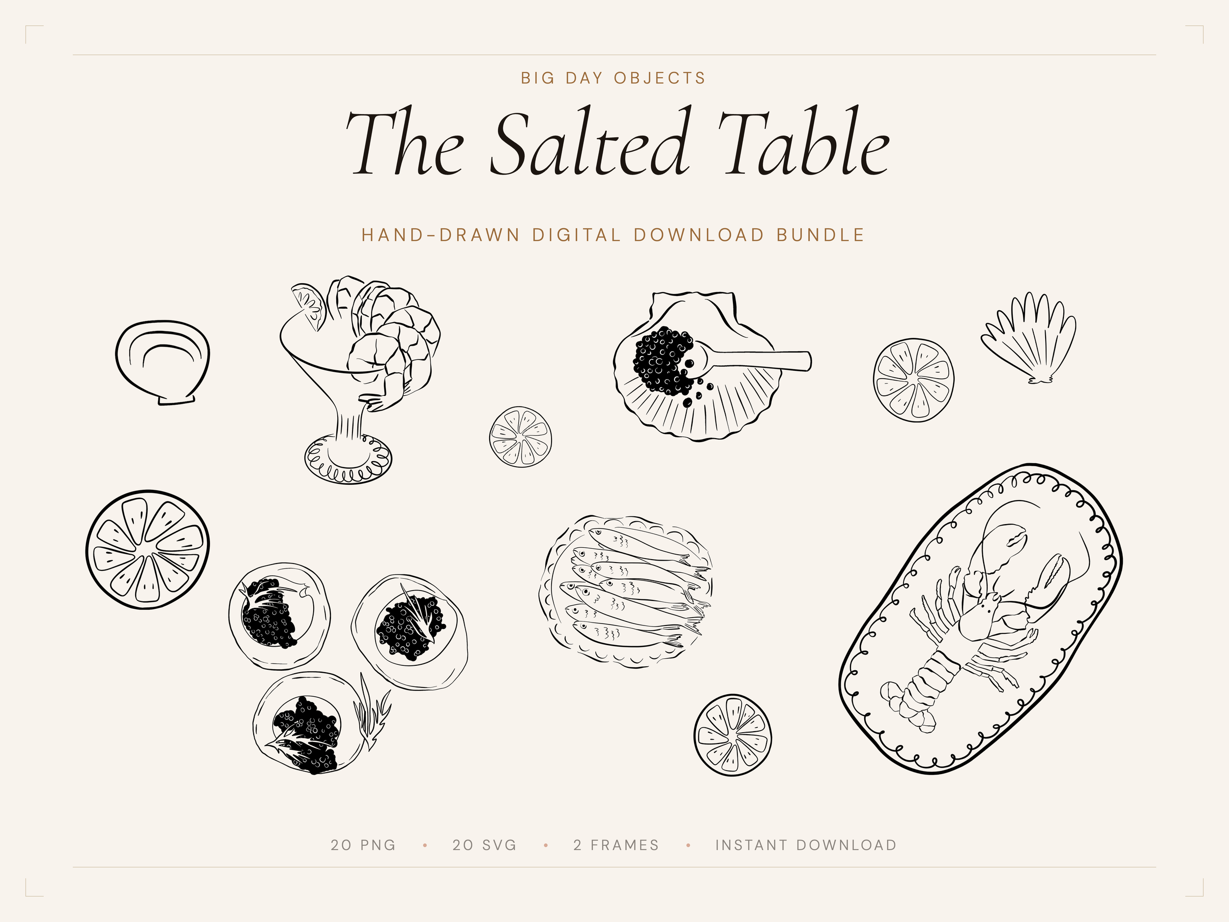 The Salted Table hand-drawn seafood clipart bundle coastal wedding PNG SVG