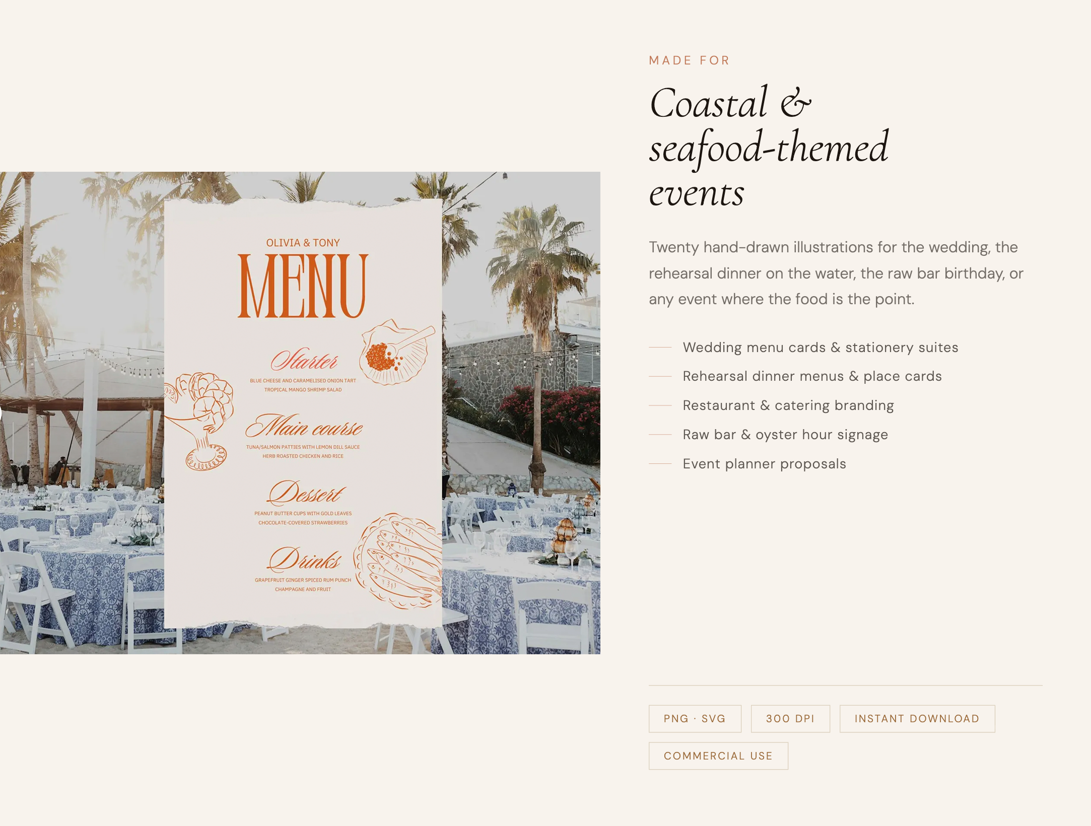 hand-drawn seafood clipart on coastal wedding menu card Canva template