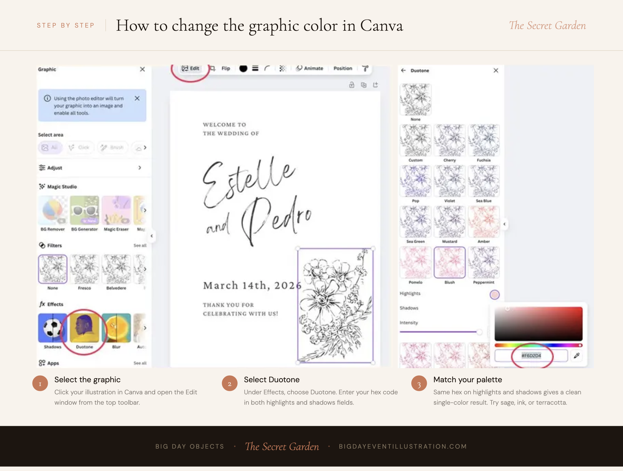 how to change clipart color in Canva garden party illustration tutorial