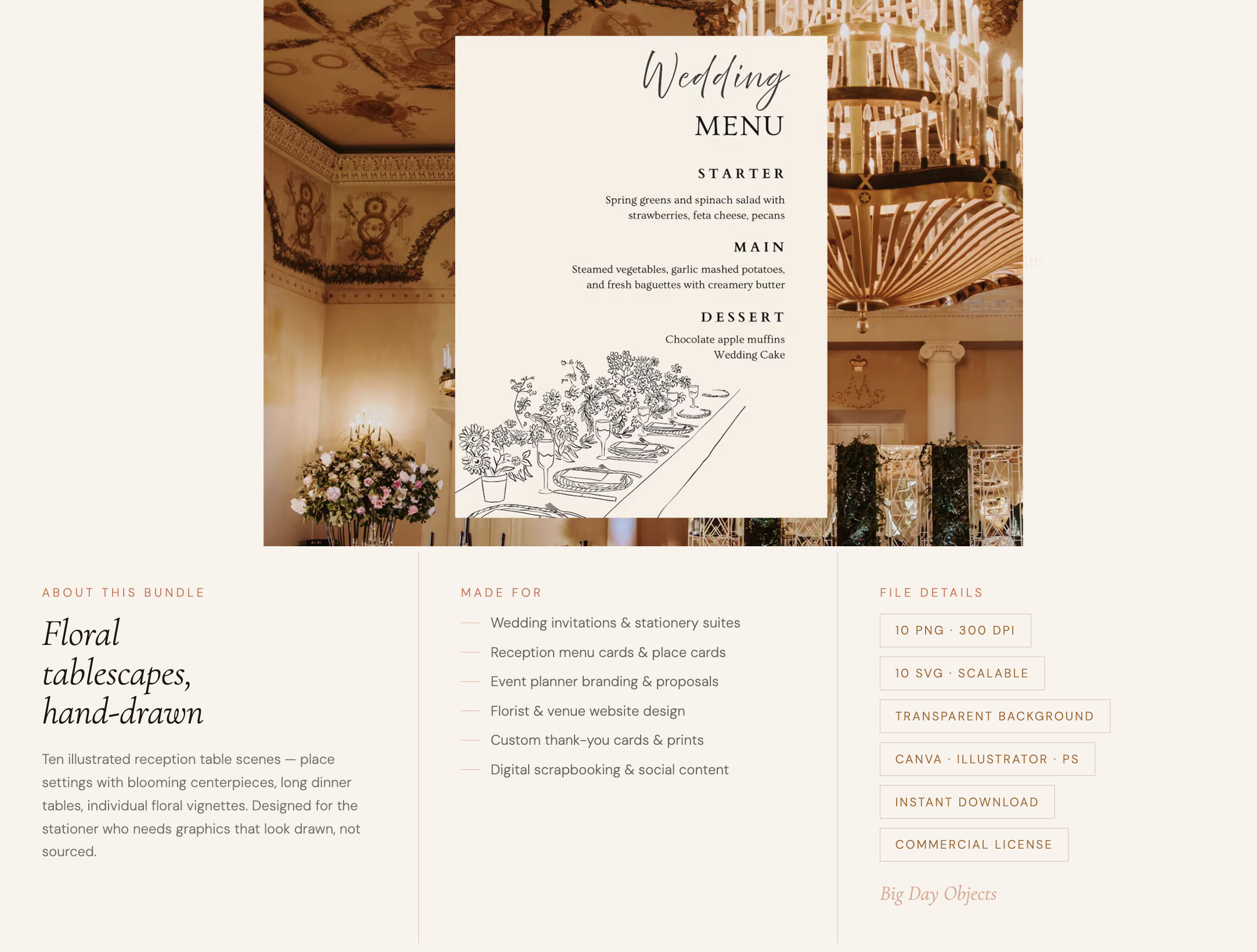 hand-drawn floral tablescape clipart on wedding menu card Canva template