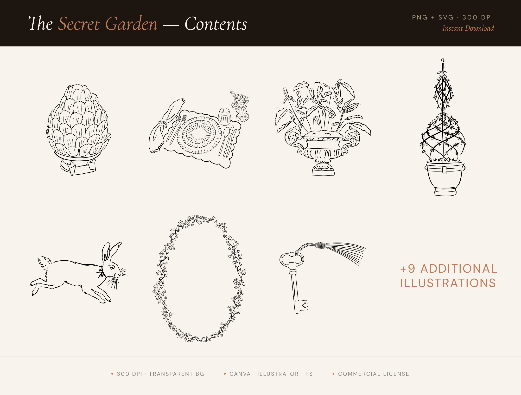 hand-drawn garden party illustrations topiary rabbit key PNG SVG digital download
