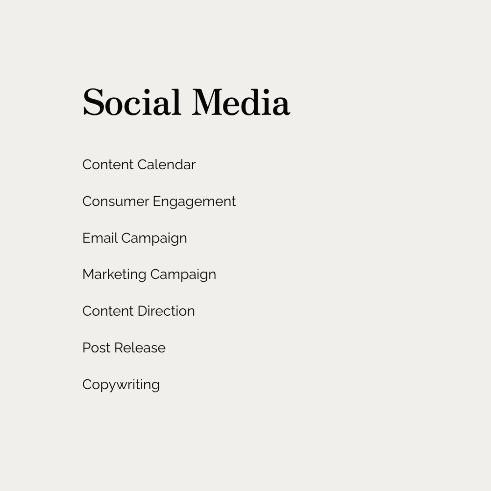 Social media strategy list including content calendar, consumer engagement, email campaign, marketing campaign, content direction, post release, and copywriting.