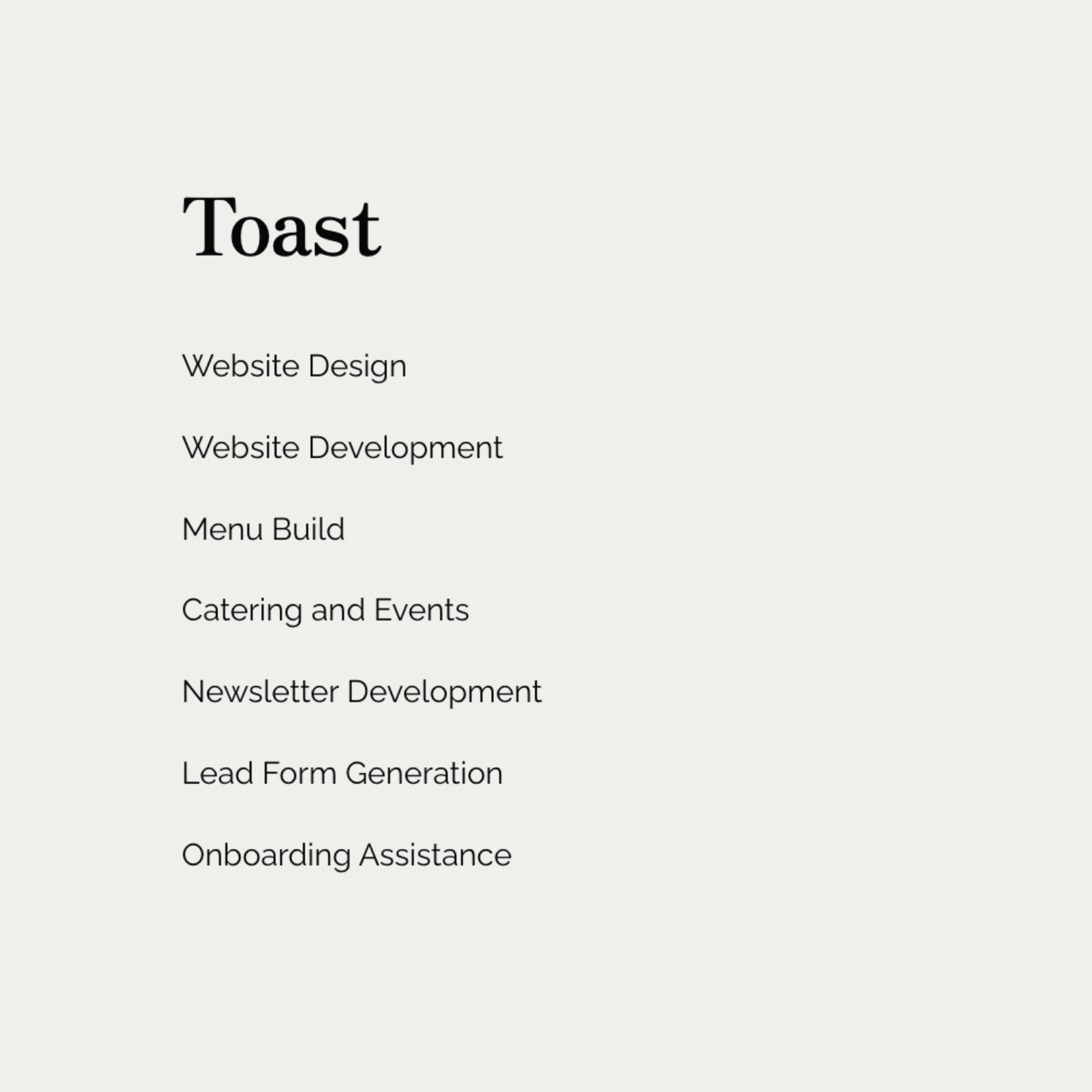 List of services including Website Design, Website Development, Menu Build, Catering and Events, Newsletter Development, Lead Form Generation, and Onboarding Assistance by Toast.