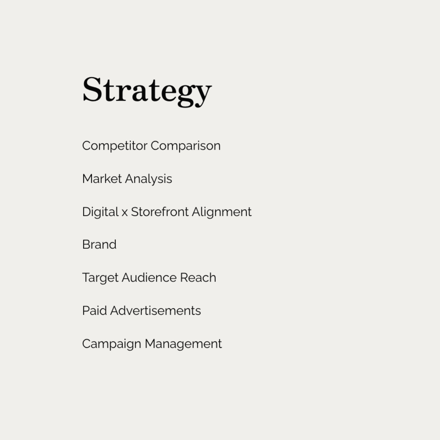 "Strategy" heading with list of topics: Competitor Comparison, Market Analysis, Digital x Storefront Alignment, Brand, Target Audience Reach, Paid Advertisements, Campaign Management.
