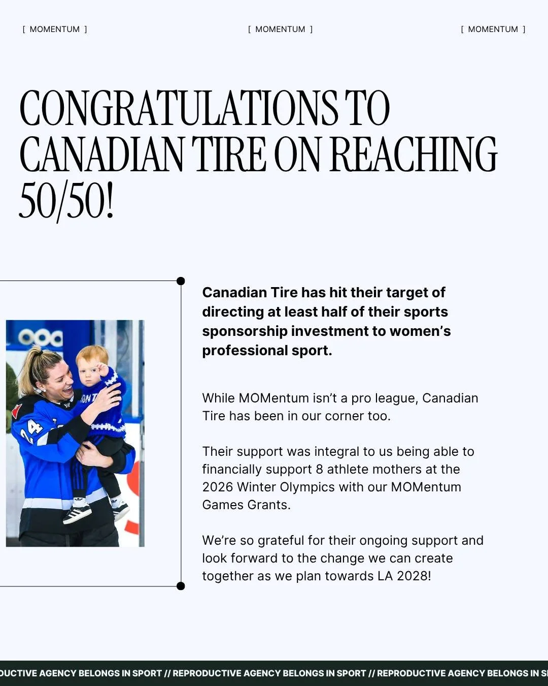 Big congrats to @canadiantire !! 

They just hit their 50/50 commitment, which means at least half of their sports sponsorship investment now goes to women&rsquo;s professional sport. 

They&rsquo;re the only major Canadian company to publicly commit