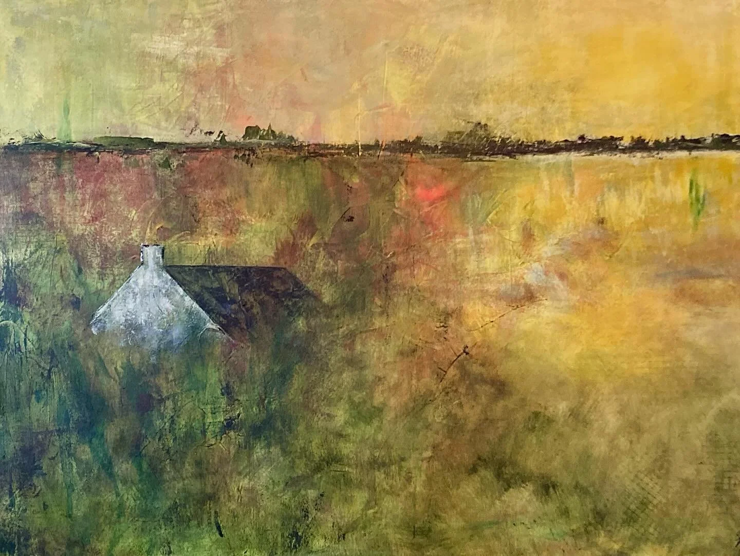 These days a lot of us are feeling as though our homes are being swallowed up by snow.  And while I appreciate the calm and the winter beauty at this time of year, I&rsquo;m also looking ahead about 6 months.  House in field in August.  30x40/acrylic