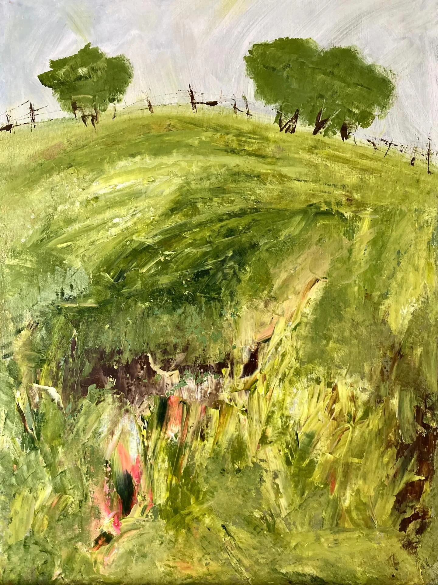 I often feel as though my paintings have minds of their own.  My initial ideas or inspirations are replaced by something else entirely.  Mostly I just let it happen.  Hillside (the longhorns) is one of those.  Get up close and personal to it and more