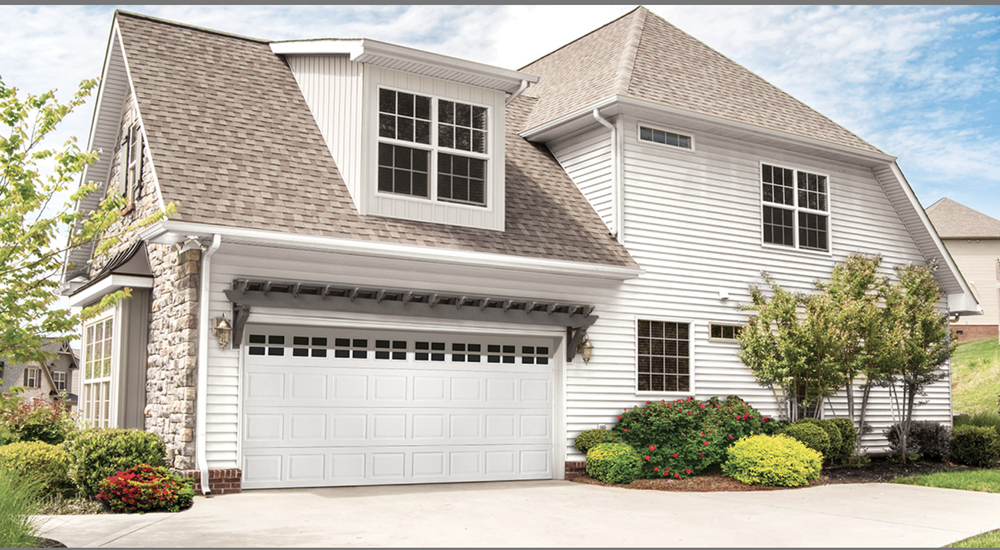 Wayne Dalton Entry Steel garage door (Models 8000–8200) with decorative windows in white finish