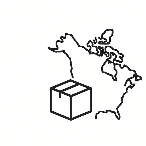 A black outline drawing of a map of Canada with a 3D cube placed at its southern part.