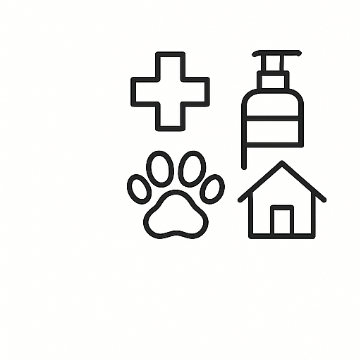 Line icons of a medical cross, hand sanitizer, dog paw, and house.