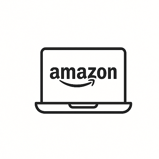 Black and white icon of a laptop displaying the Amazon logo on the screen.
