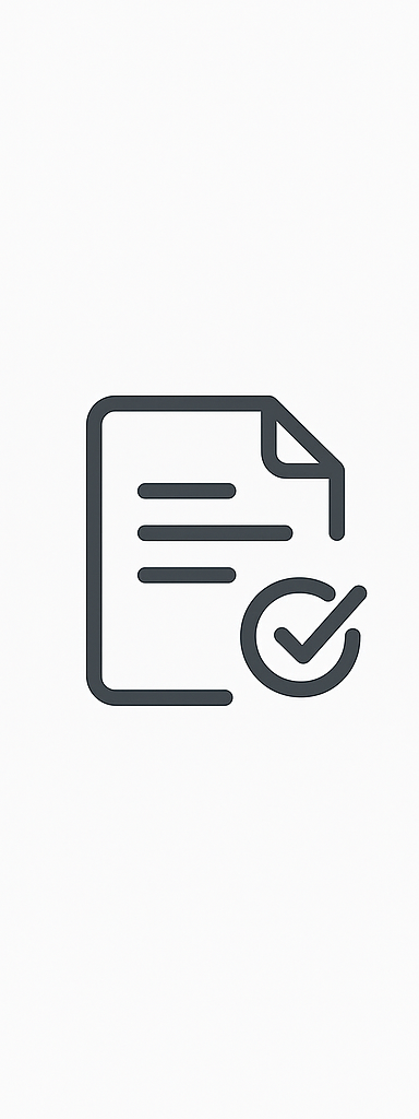 Icon of a document with lines of text and a check mark in a circle.