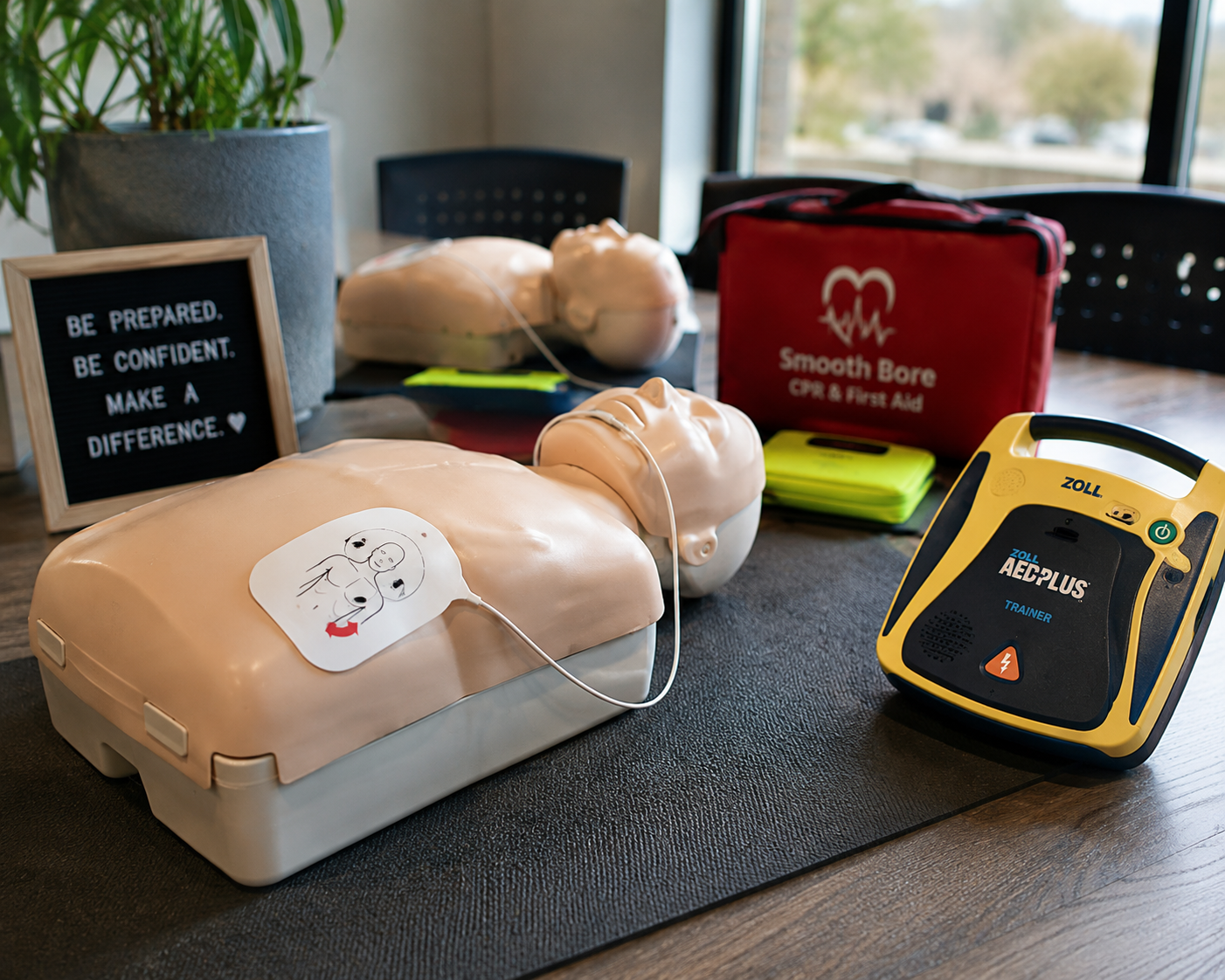 CPR training equipment and AED trainer used for on-site workplace CPR and First Aid certification classes by Smooth Bore CPR & First Aid in Grand Junction, Colorado
