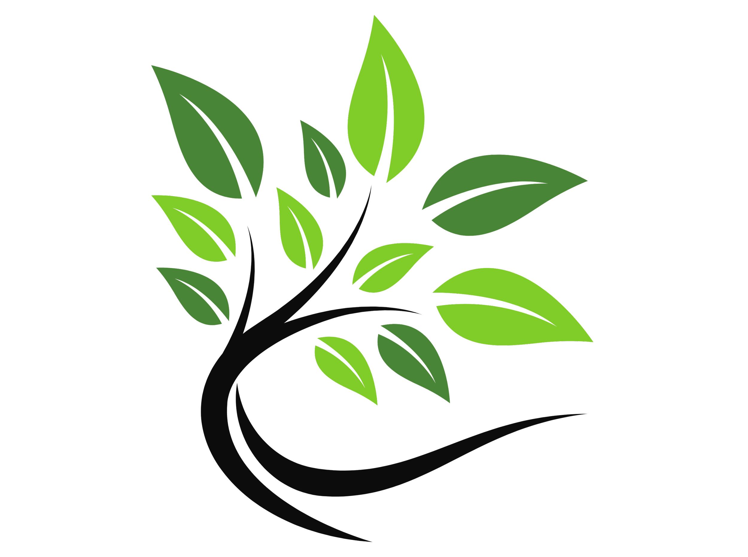 Stylized green and black tree with multiple leaves on a black background.