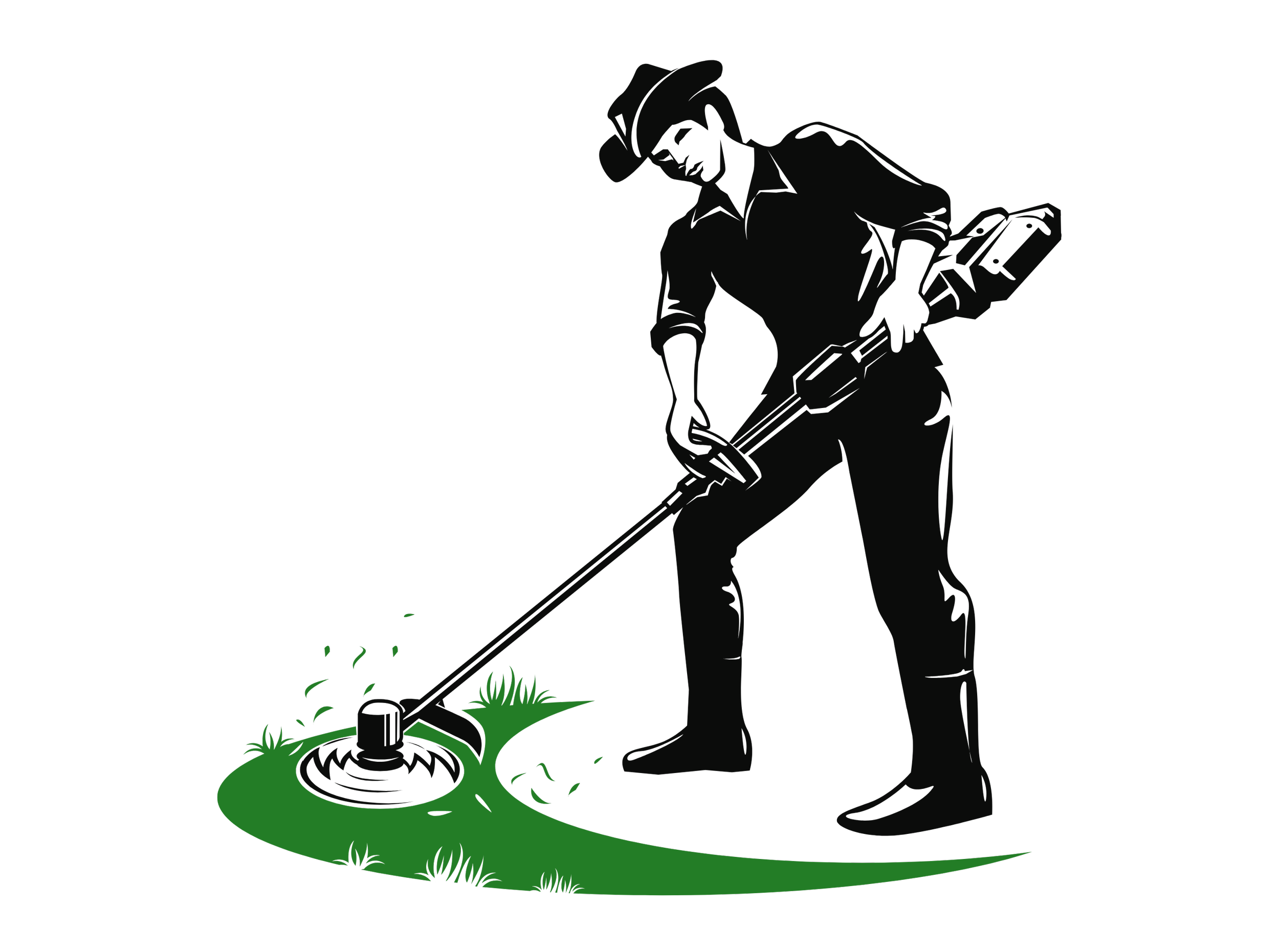 Illustration of a man wearing a hat and sunglasses, using a string trimmer to cut grass on a lawn.