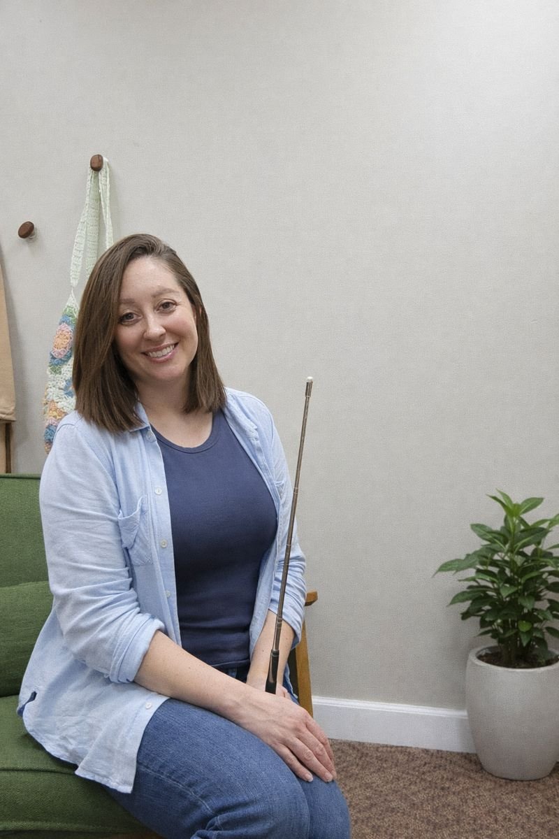 Brainspotting therapist Jennifer Rossmann in her office with pointer
