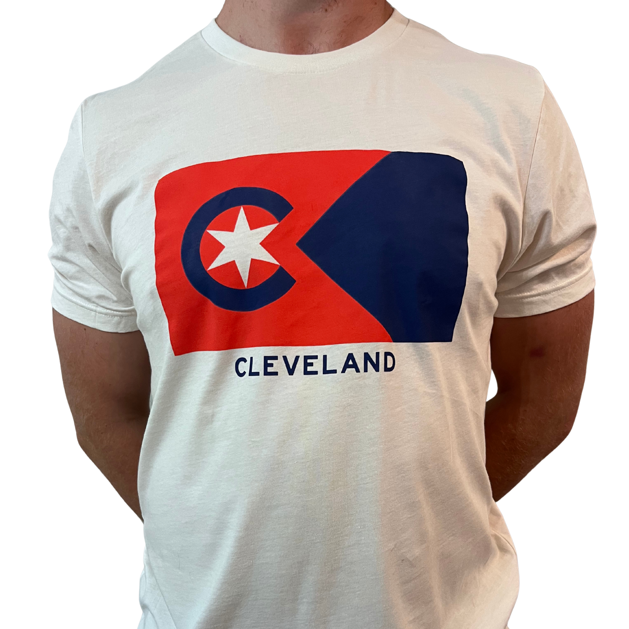A person wearing a white T-shirt with a Cleveland, Ohio themed graphic design. Peoples Flag of Cleveland Cleveland Flag T Shirt