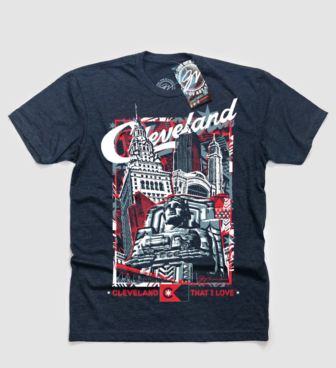 Dark gray Cleveland-themed T-shirt with graphic illustrations of city landmarks and the text 'Cleveland' and 'That I Love' in red and white.