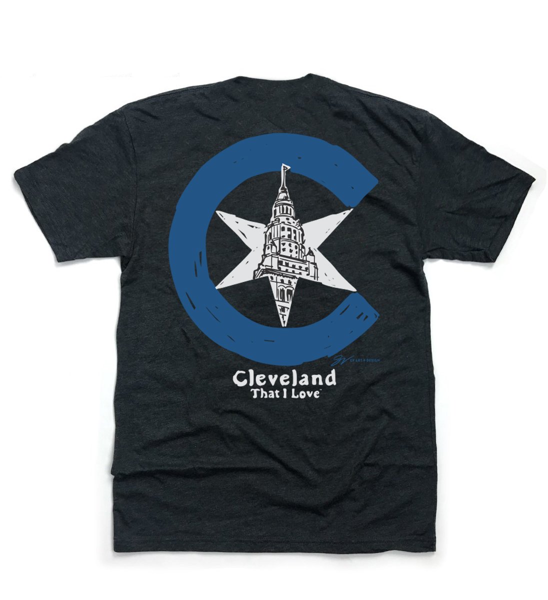 Black T-shirt with a graphic of a white star, a tower, and the words "Cleveland That I Love".