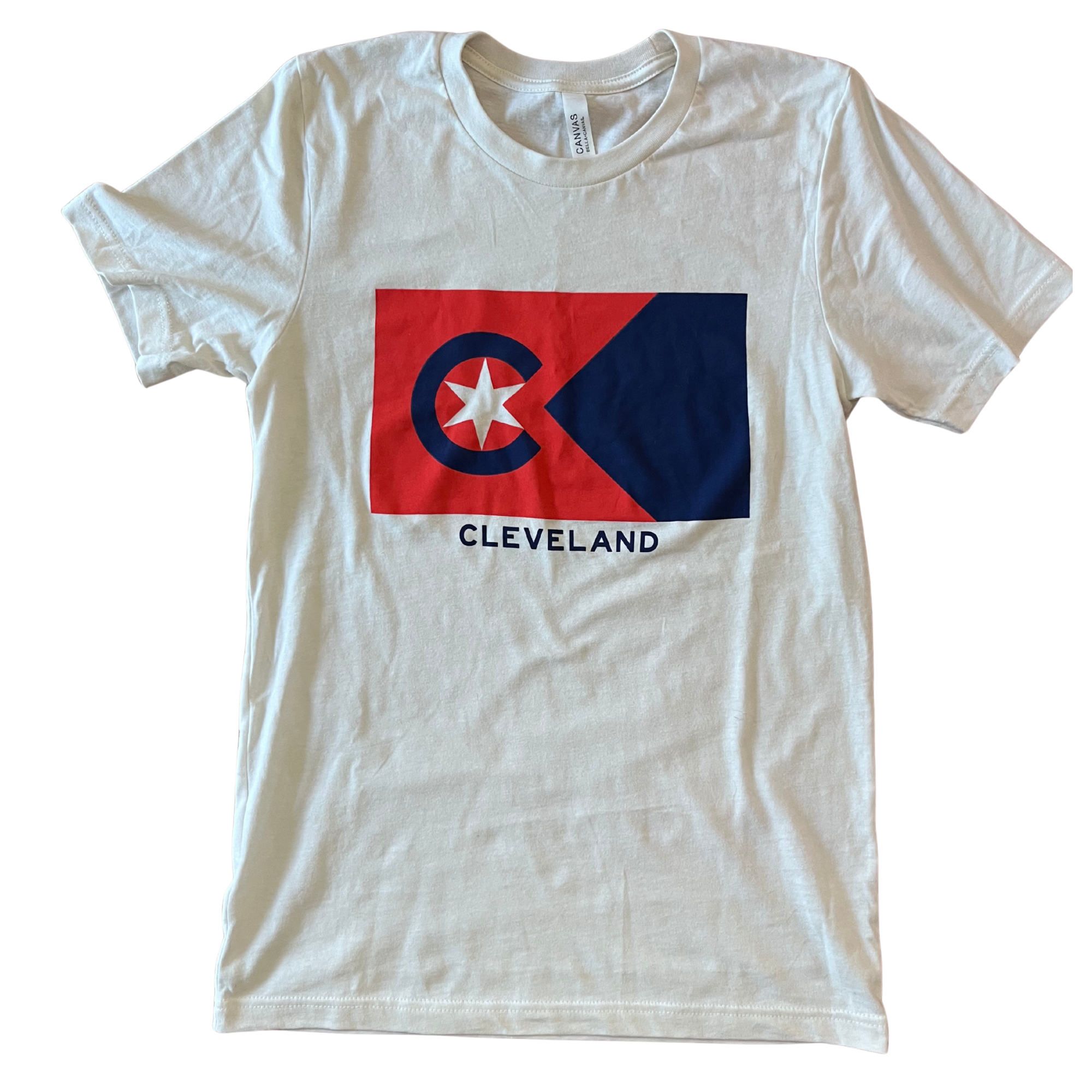 White T-shirt with a graphic design of the Peoples Flag of Cleveland city flag and the word "CLEVELAND" printed below it.