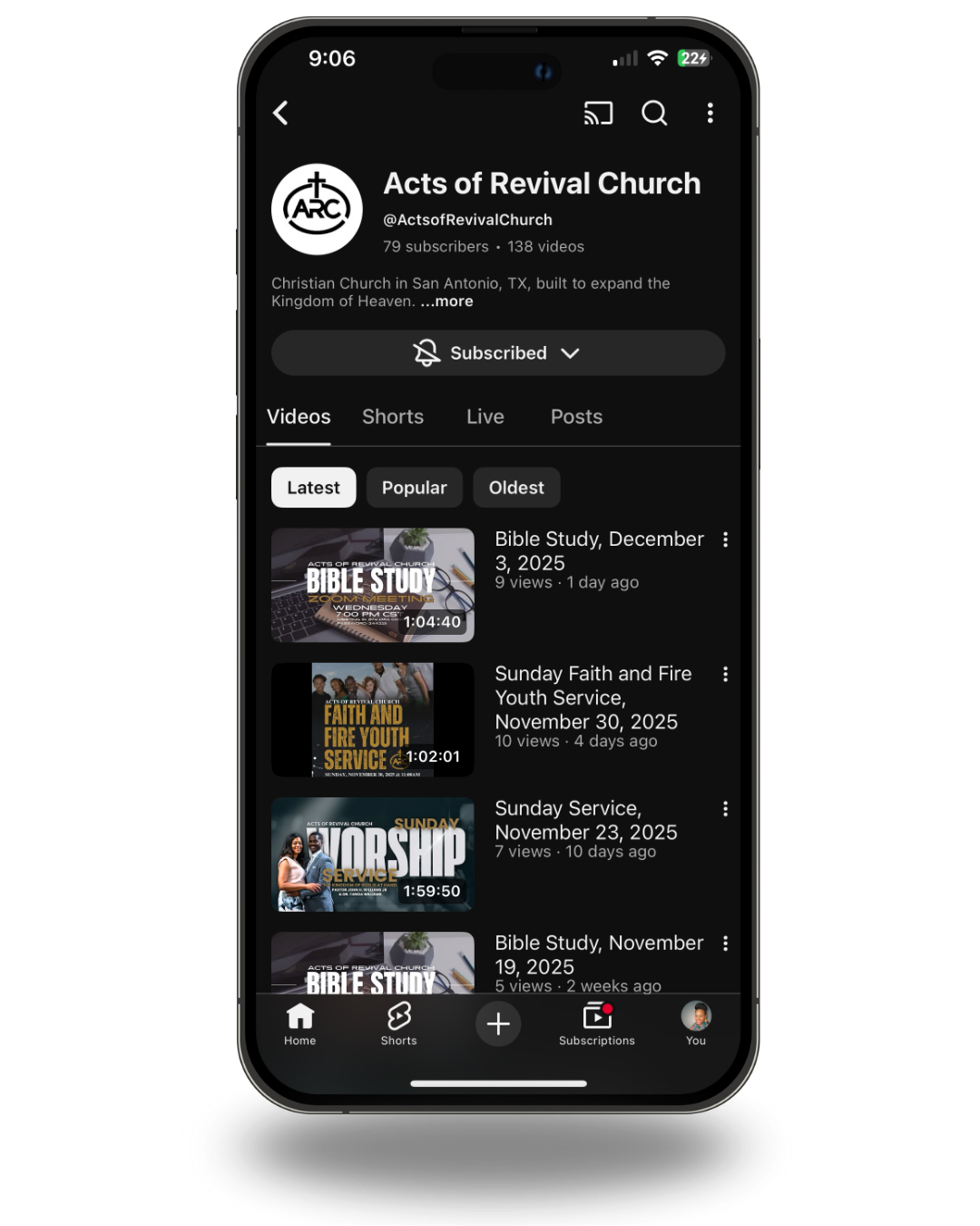 YouTube channel page for Acts of Revival Church with video thumbnails and titles related to Bible study and church services.