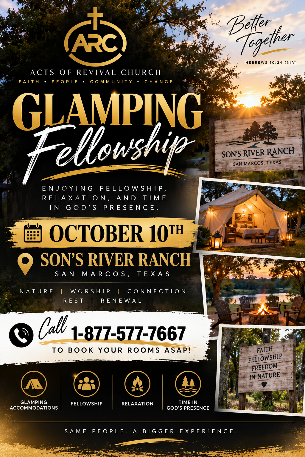Flyer for church retreat featuring images of a pool, a dining area, a living room, and a decor image. Details include lodging at two Airbnb houses, dates from December 6th to 8th, and instructions for attendees with location and contact info.