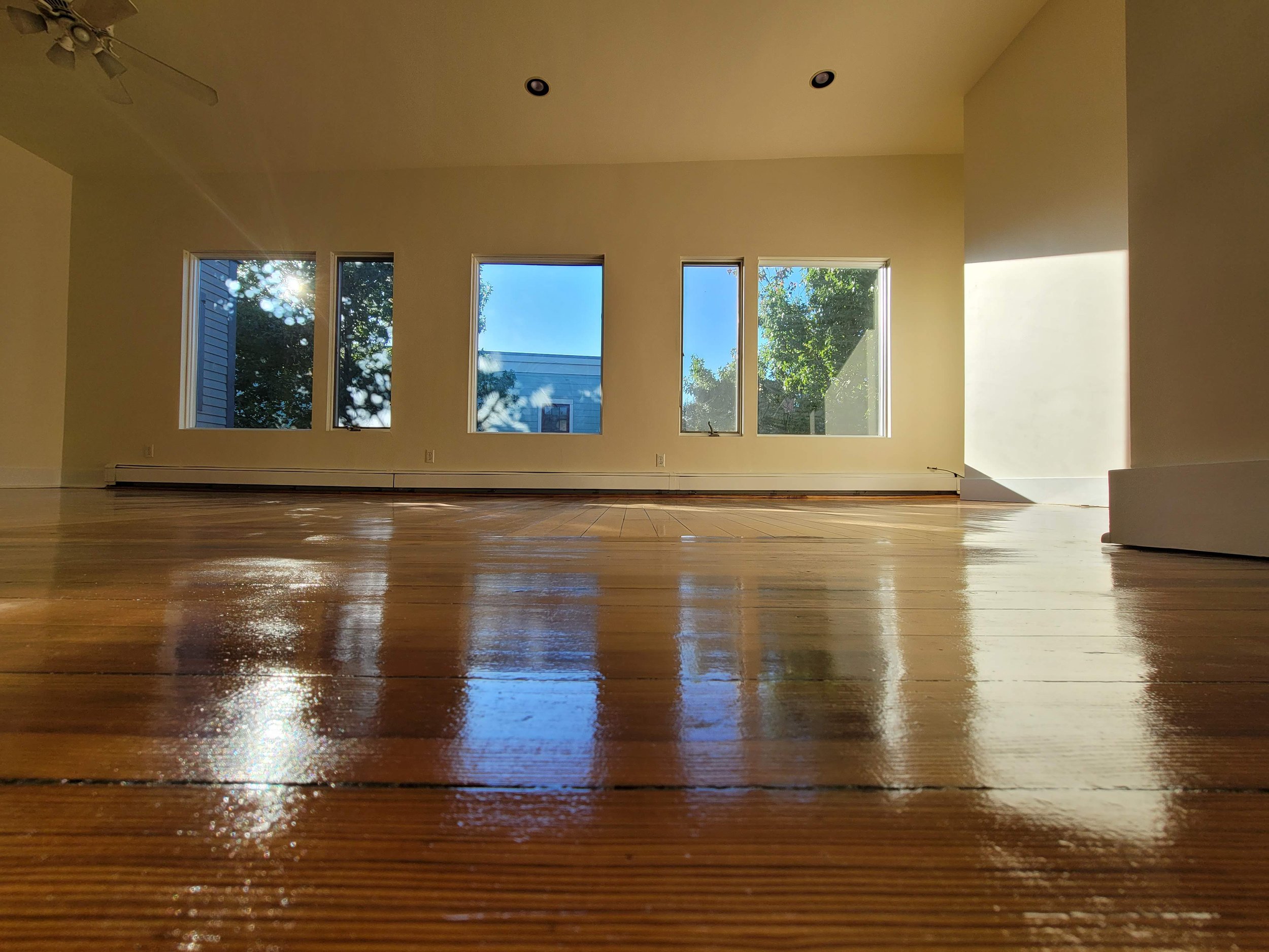 Empty room with recently polished wooden floor and five windows letting in natural light in Cambridge, Massachusetts.