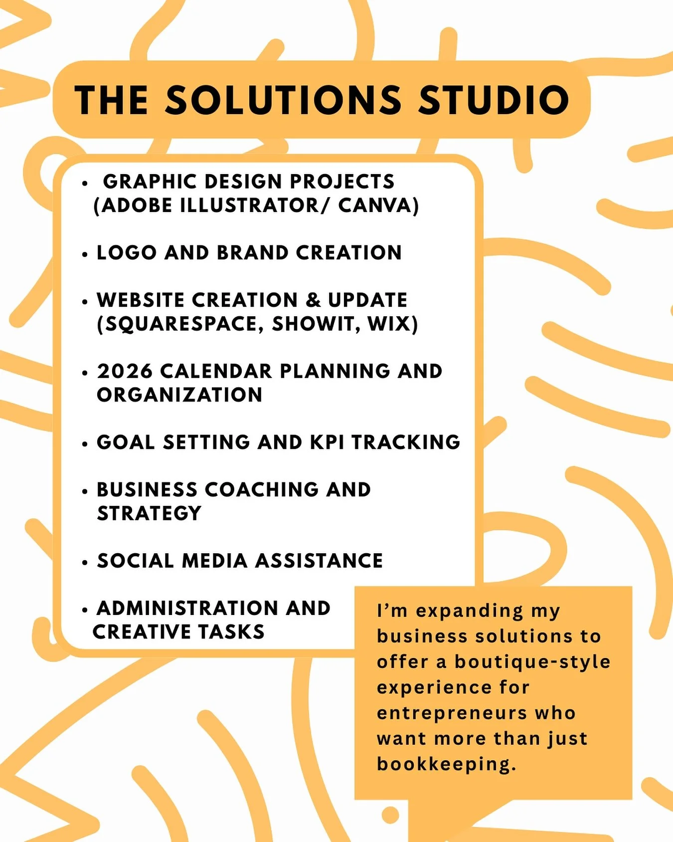 Introducing The Solutions Studio, a boutique service experience created for entrepreneurs who want their business to look as good as it runs.

From bookkeeping and business coaching to branding, website creation, and creative design support, The Solu
