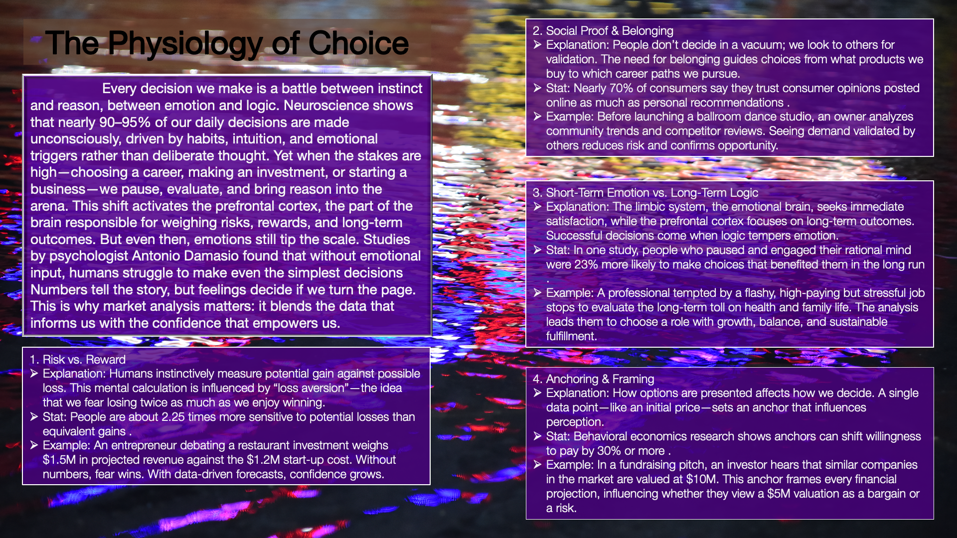 An infographic titled "The Physiology of Choice" with five sections of text explaining decision-making processes, including topics like risk vs. reward, social proof and belonging, short-term emotion versus long-term logic, anchoring and framing, and their explanations, statistics, and examples. The background features colorful reflections on water.