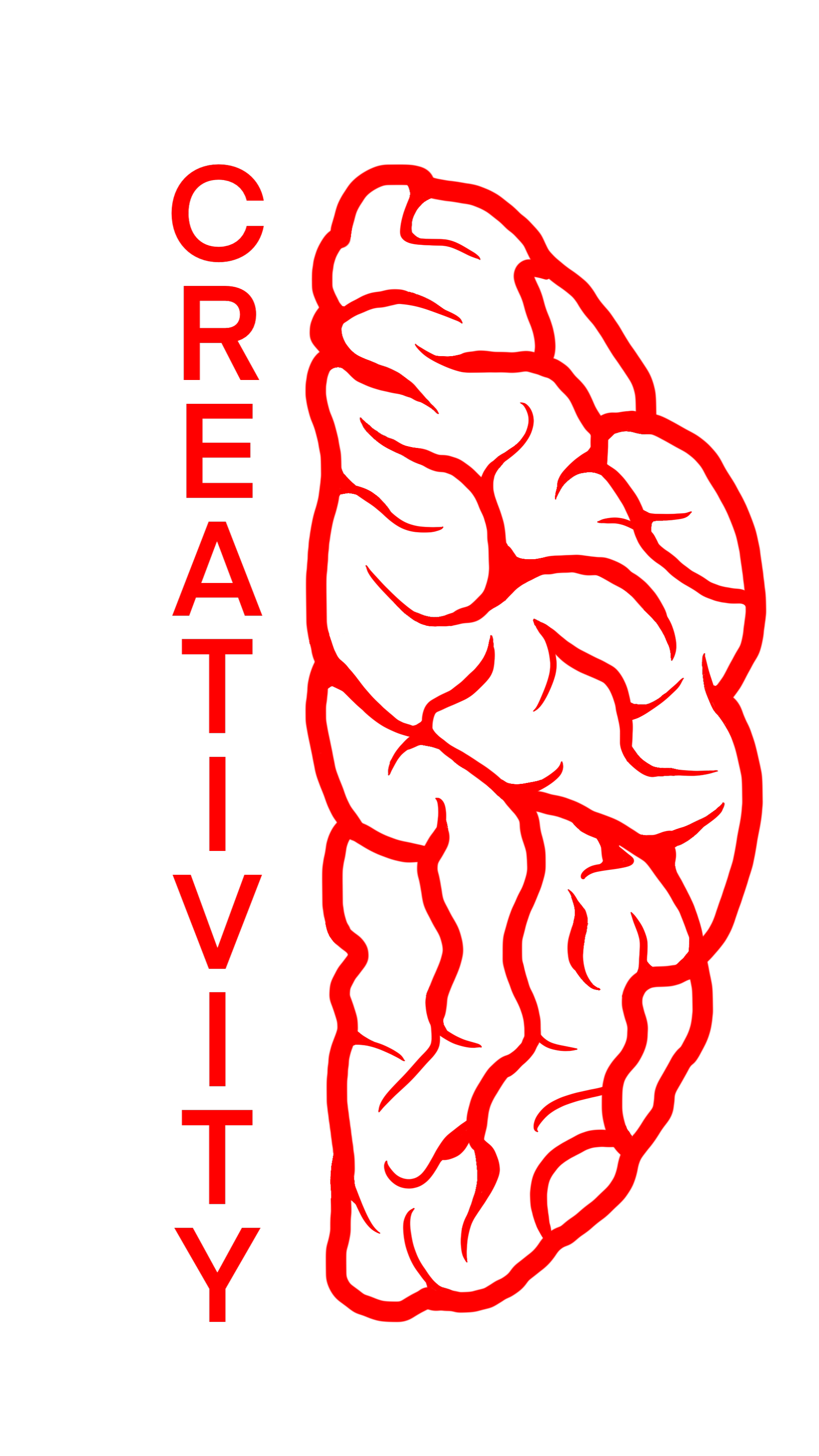 Red outline of a human brain with the words 'Creative Activity' written vertically beside it in red on a black background.