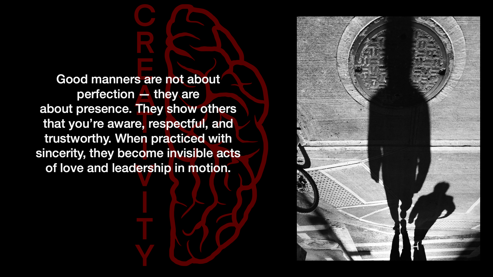 Split image with a quote on good manners and a silhouette of people walking on a city street.