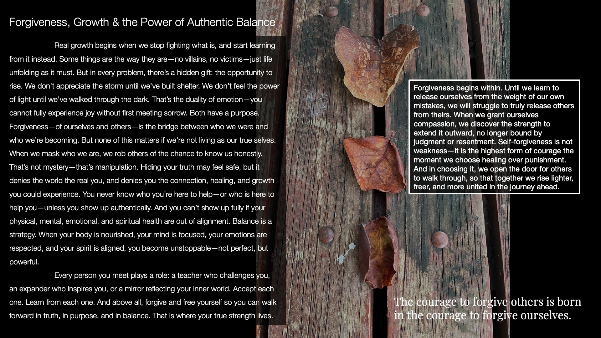 Text on a wooden surface about forgiveness, growth, and balance, with fallen leaves and a quote about forgiveness and courage.