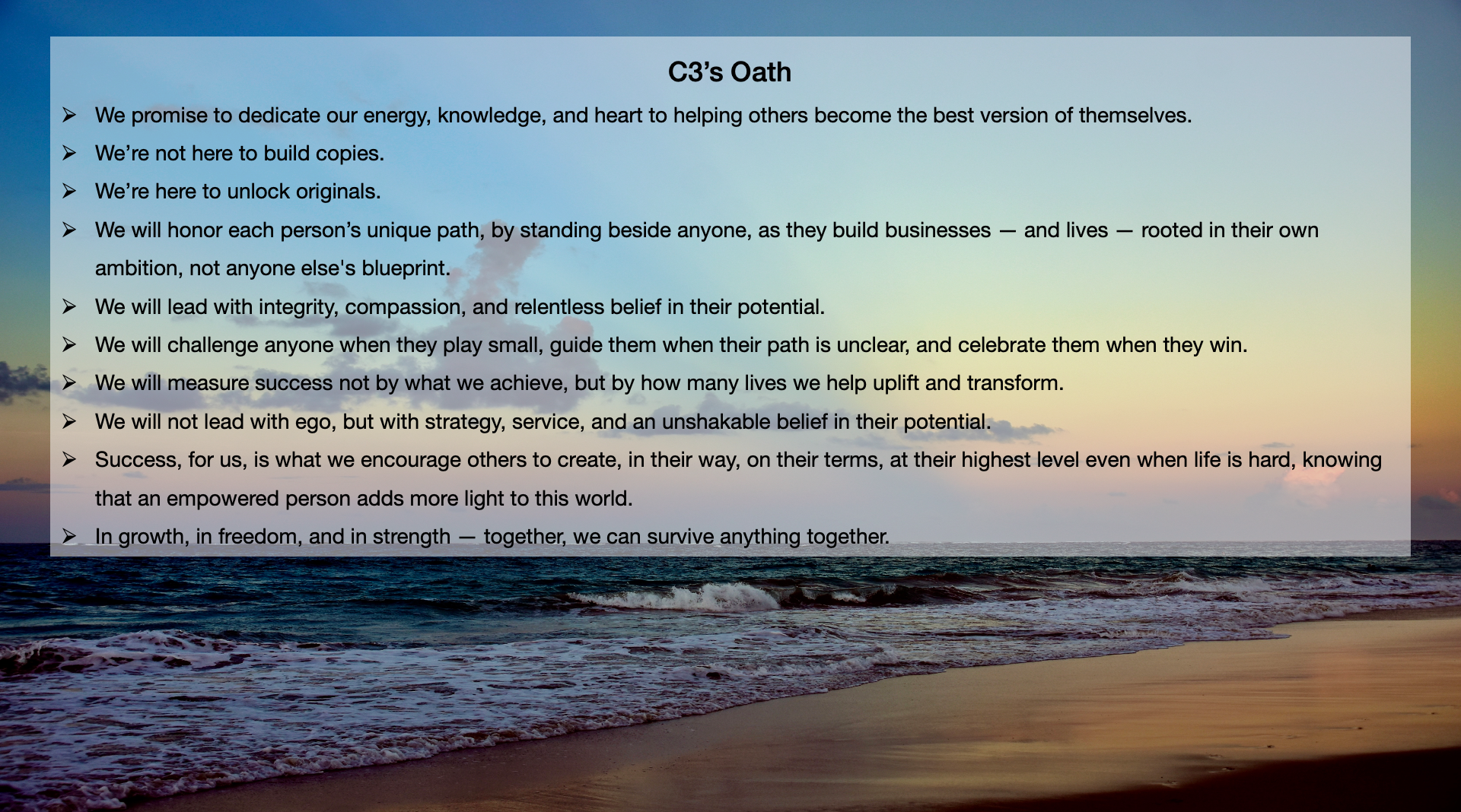 A beach scene during sunset with a sky filled with soft clouds and the ocean waves gently crashing on the shore, overlaid with the 'C3's Oath' text.