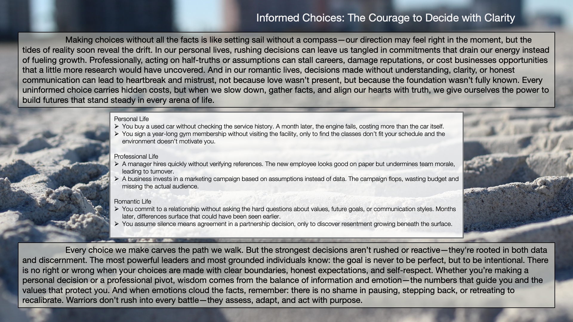 An infographic titled 'Informed Choices: The Courage to Decide with Clarity' overlayed on a background of sandy dunes. The infographic discusses making decisions rooted in data and reflection across personal, professional, and romantic lives, emphasizing importance of clear boundaries, honest expectations, and balanced emotions.