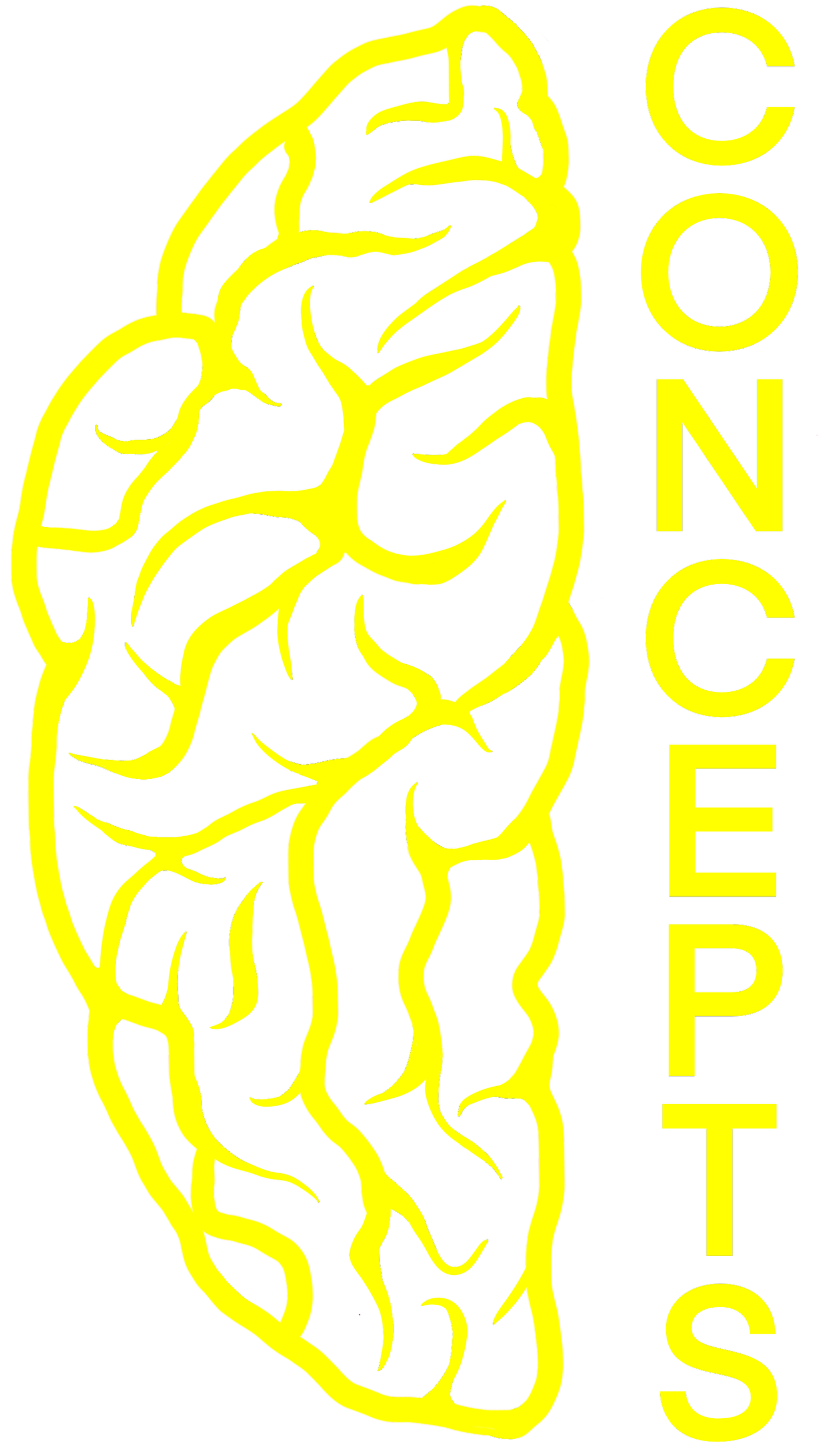 Yellow outline of a brain with the word 'CONCEPTS' written vertically to the right on a black background.