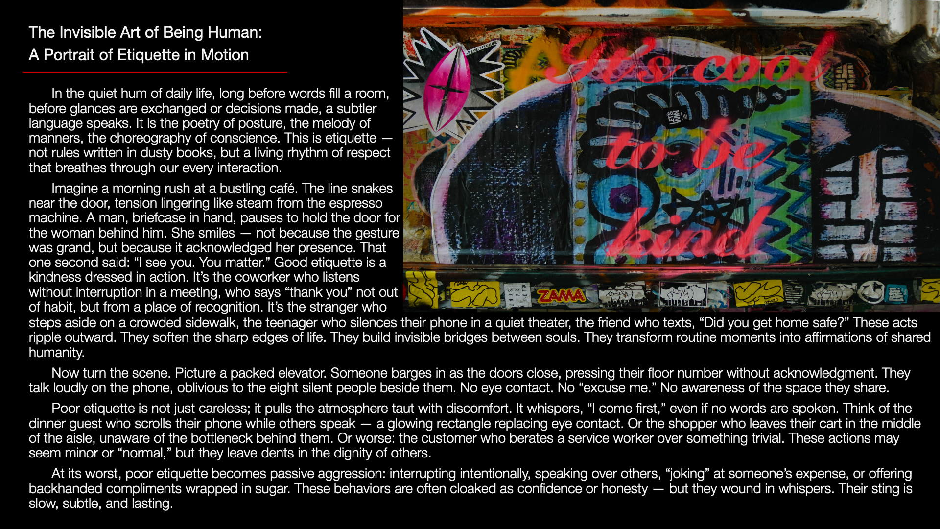 Street art graffiti mural with colorful abstract designs and the phrase "Let's cool to be kind" written in red spray paint, on a wall with various stickers and tags.