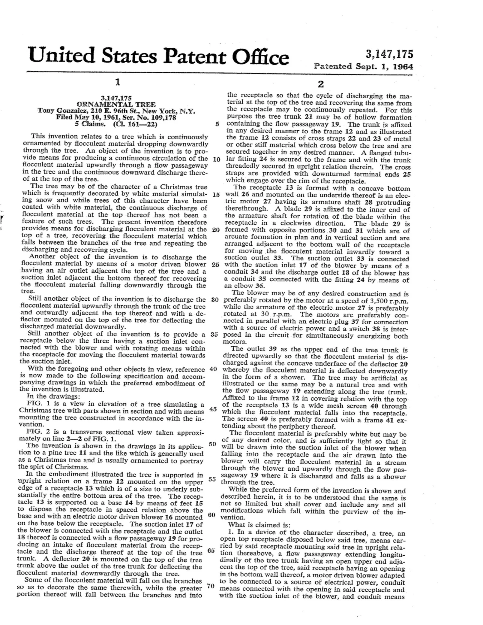 Patent document from the United States Patent Office for an ornamental Christmas tree design, patent number 3,147,175, filed on May 10, 1961, and granted on September 1, 1964.