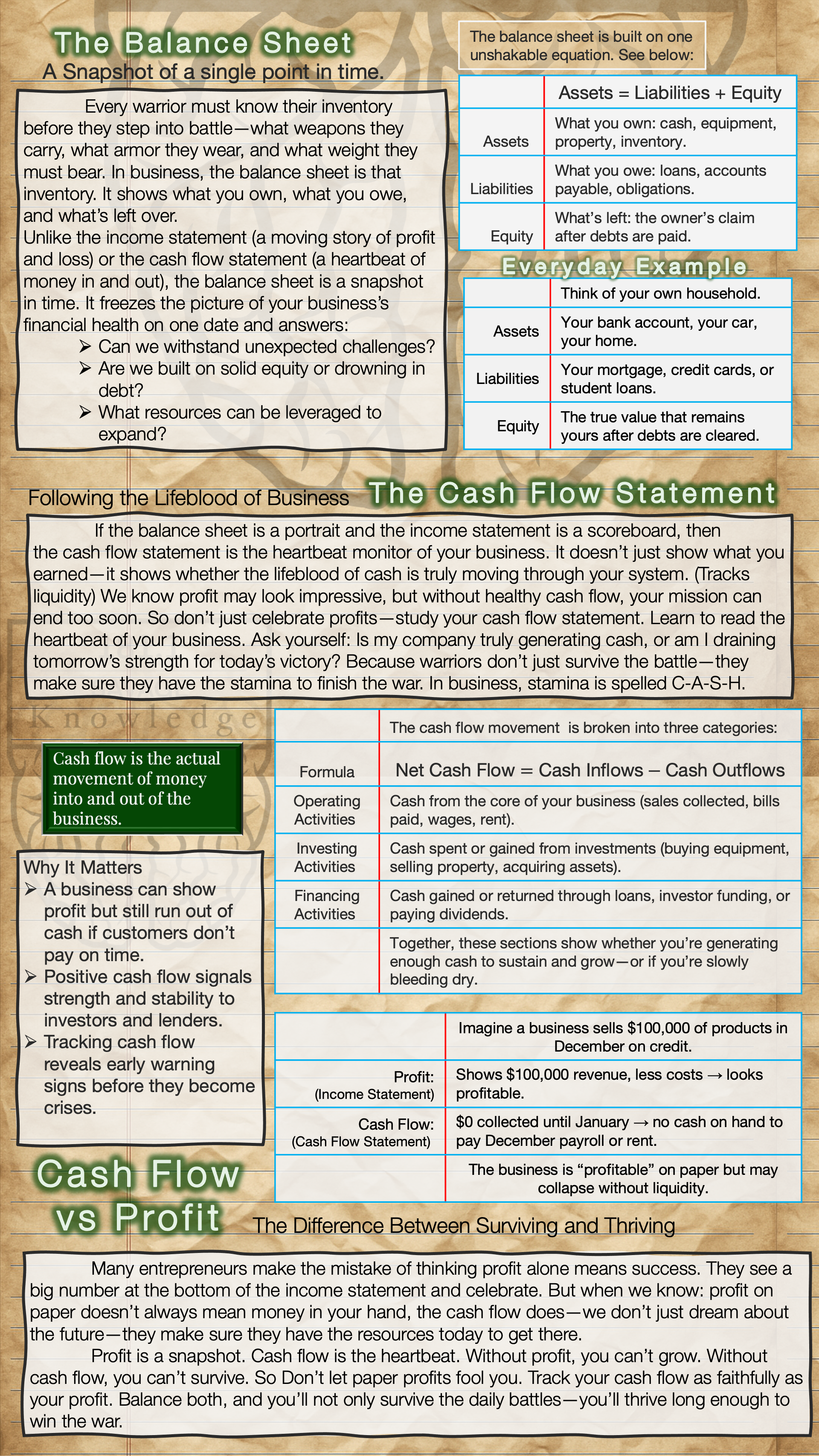 Infographic explaining the concept of a business balance sheet, assets, liabilities, and equity, with an example of a household. It discusses the importance of cash flow, the components of cash flow, and the difference between cash flow and profit, emphasizing the significance of liquidity for business survival and growth.