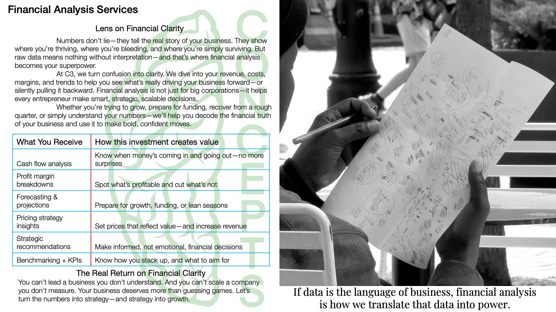 A person holding a handwritten sheet of paper with calculations and notes, sitting outdoors near a bench, with a large printed document about financial analysis services on the left side.